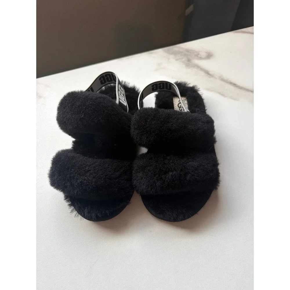 UGG Toddler Fluff Yeah Slide Black‎ Sheepskin Slingback Sandals 1116636T Size 9